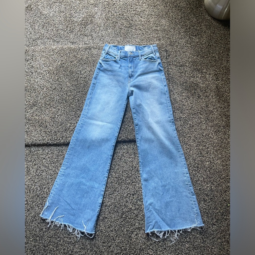 MOTHER Light Blue High-Rise Flare Wide-Leg Jeans with Frayed Hem